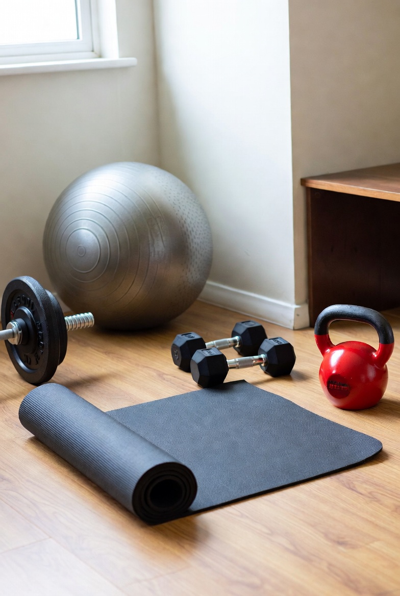 Home fitness equipment setup with dumbbells, bands, and cardio gear.