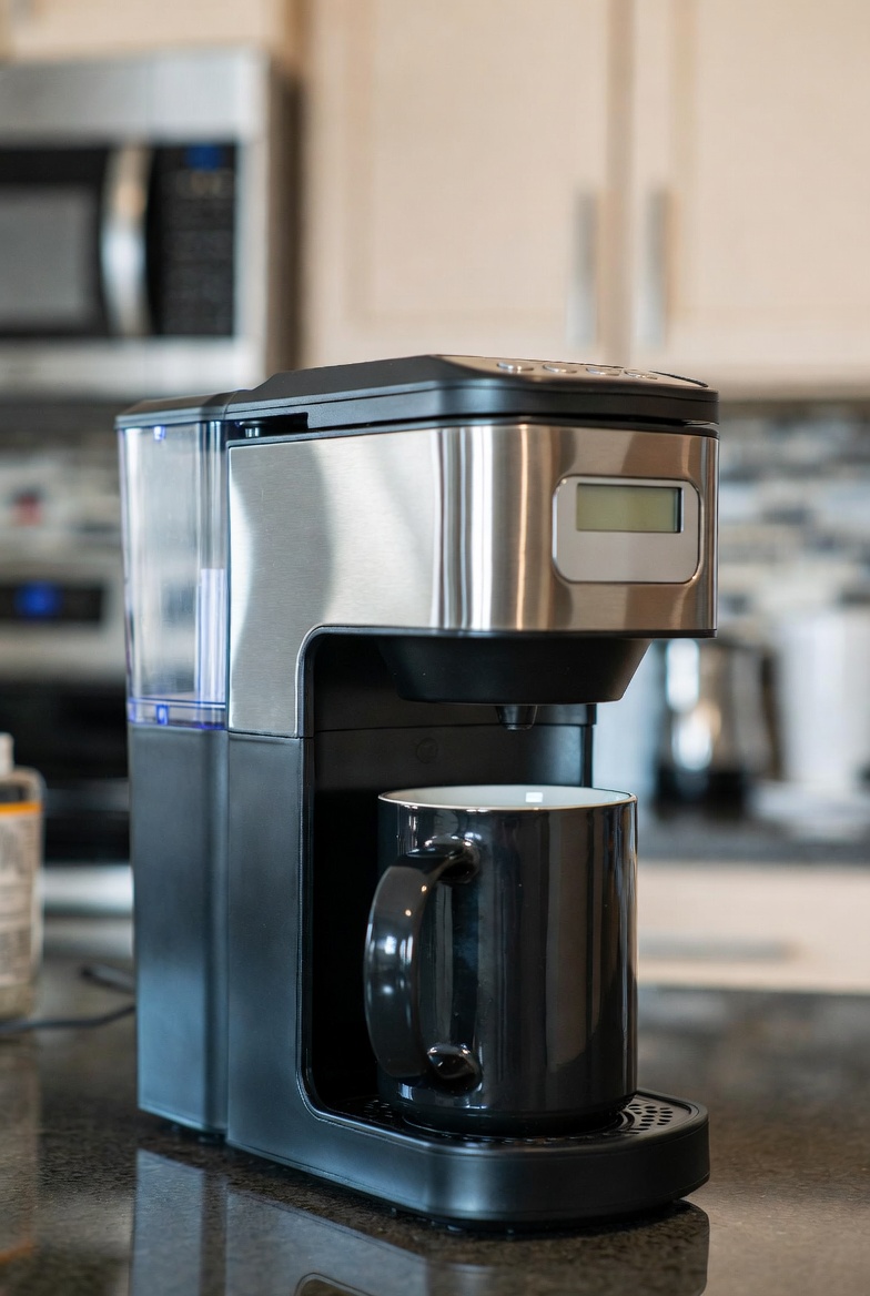 Compact single-serve coffee maker on a kitchen counter.