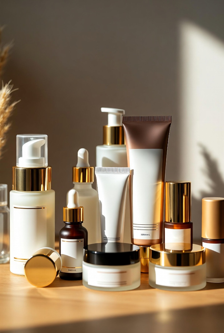 Flat lay of gentle skincare products for sensitive and acne-prone skin.